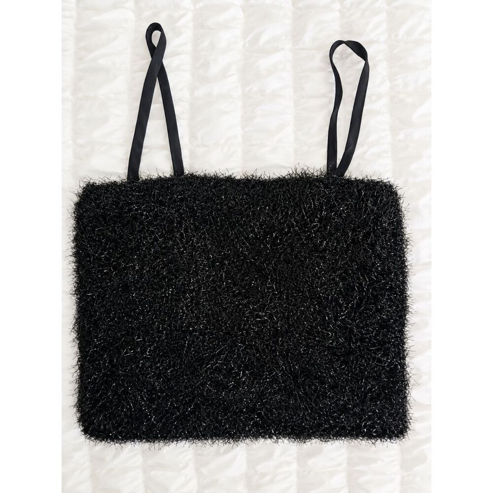 Forever 21 Fuzzy Eyelash Metallic Sparkle Cami Crop Top Black Tinsel Bandeau S
